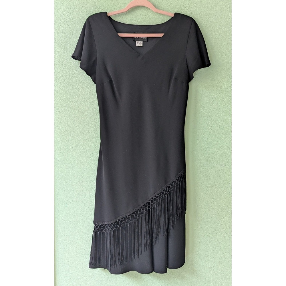 Vintage 90s Nordstrom SL Fashions Black Fringe Cocktail Dress Size 12 166404